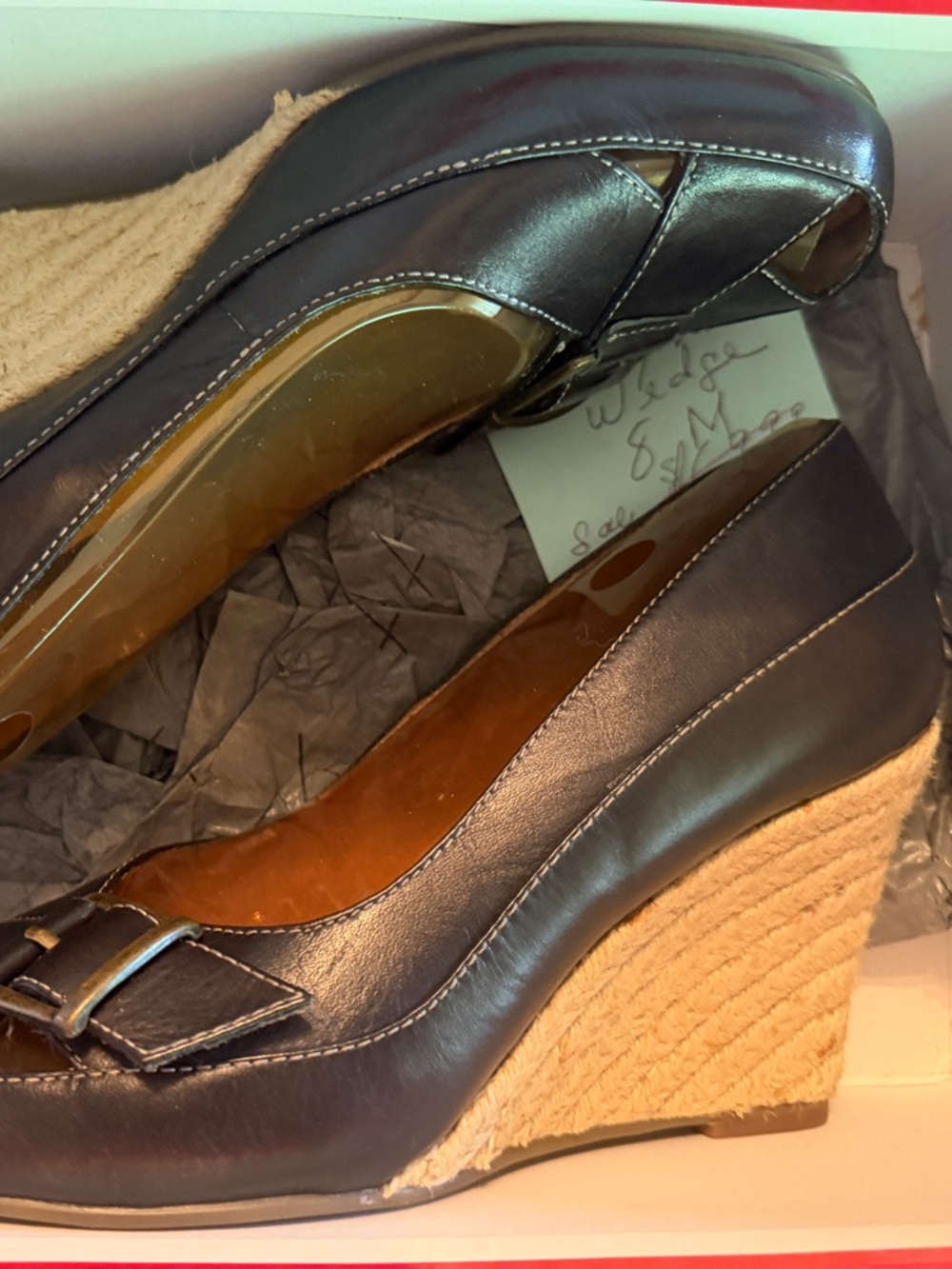 AEROSOLES Dark Brown Leather Peep-Toe Wedge Heels with Buckle